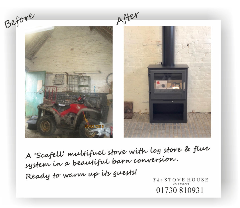 Scafell Modern Freestanding Stove with log store, installation before and after by The Stove House 01730 810931