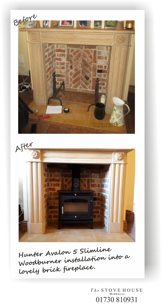 Hunter Avalon 5 slimline Woodburning Stove Supplied and installed by The Stove House, between Chichester and Haslemere. 01730 810931