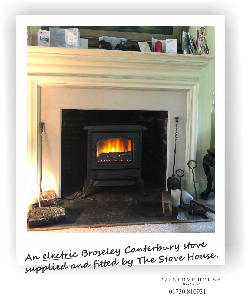 Broseley Electric Cast Iron Canterbury Stove Supplied and installed by The Stove House, between Chichester and Haslemere. 01730 810931