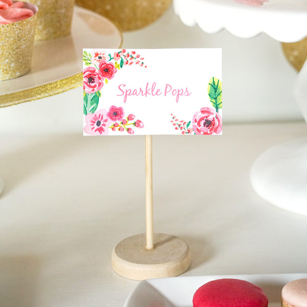 Half Birthday Party Food Label Tent Cards Gold Glitter Floral