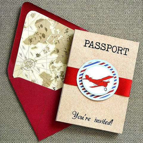 vintage airplane theme party inspiration Noah's Boytique passport invitation