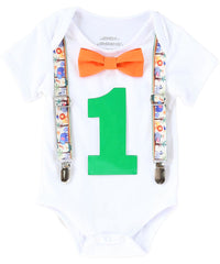jungle first birthday onesie with bow tie and suspenders number one
