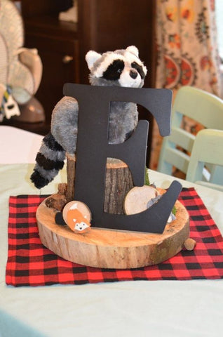lumberkack first birthday party centerpiece ideas stuffed animals wood