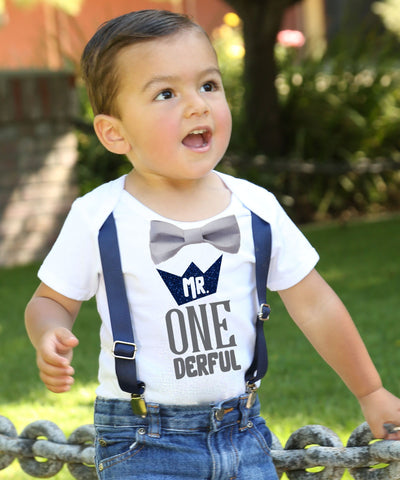 mr onederful first birthday shirt navy and grey blue onesie cake smash