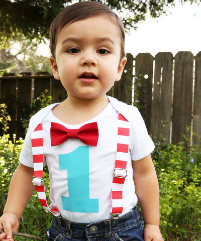 circus first birthday party outfit red white aqua stripes big top carnival shirt