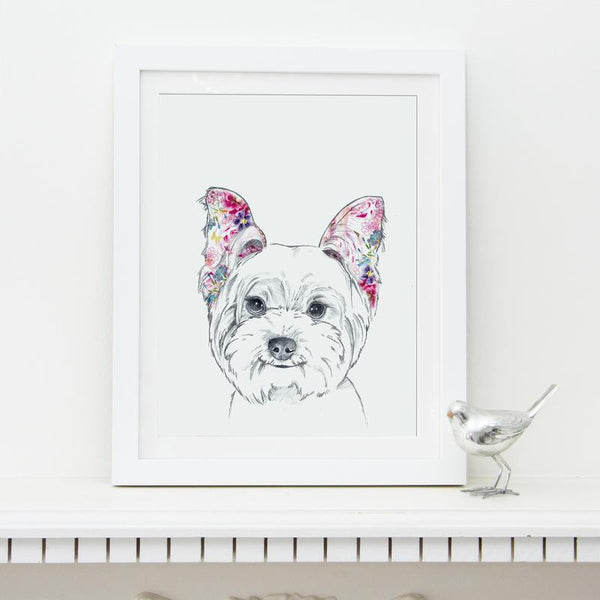 Fine art illustration print of white westie with colourful pink floral ears