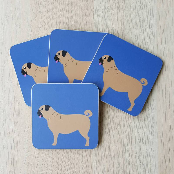 Blue coasters with pug design