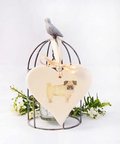 Hanging ceramic heart decoration with pug and charm