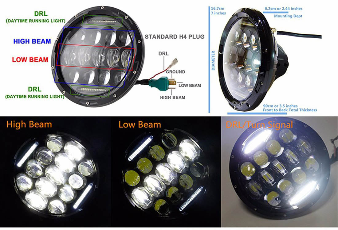 Jeep Black LED Headlights 3 Lighting Function