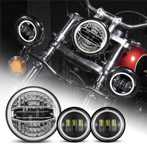 7 Inch LED Headlight With Halo DRL Hi/Lo Beam & 4.5 Inch LED Halo Fog Lights for Indian Motorcycles