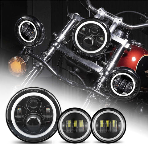 Harley 7 Inch LED Headlights with White Halo and Turn Signal Lights + 4.5 Inch LED Halo Fog Lights