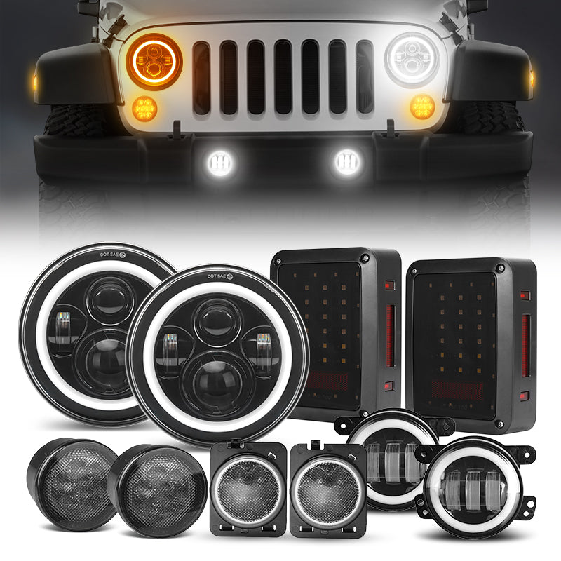 2007-2018 For Jeep Wrangler JK LED Tail Lights Combo 7" Halo Headlights Fog Lamp 
