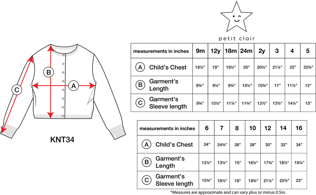 Baby Tan Knit Cropped Cardigan Size Chart