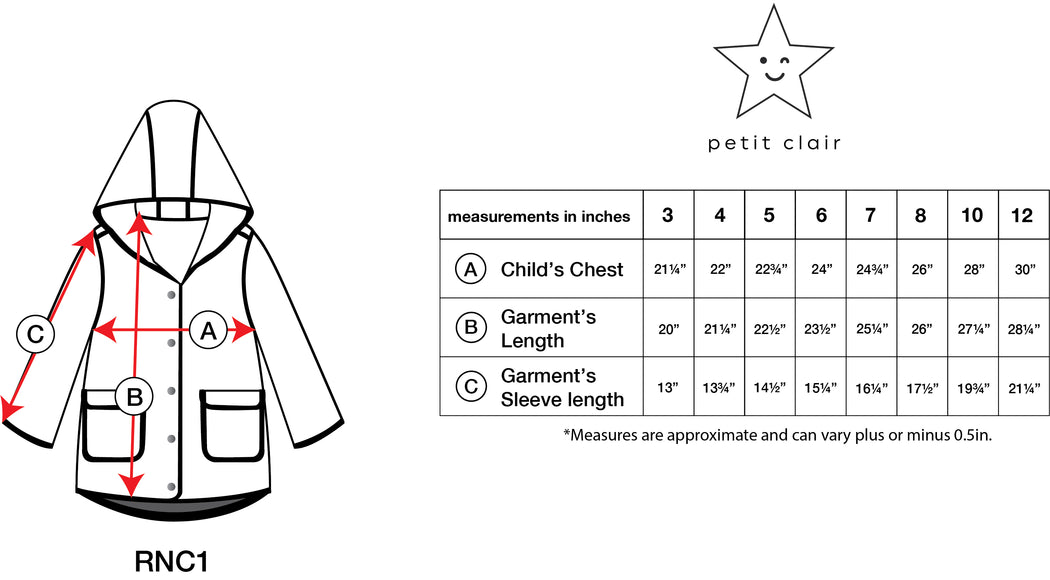 Transparent Snap Raincoat with Contrast Trim Size Chart