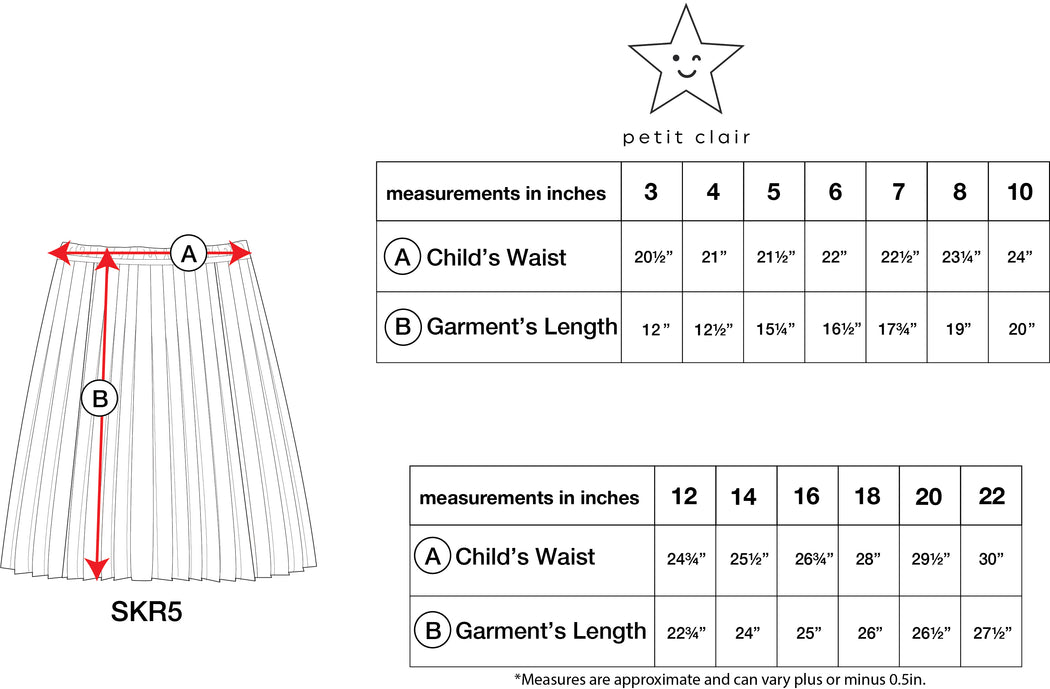 Signature Black Pleated Skirt Size Chart