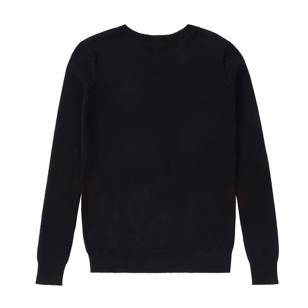 V-Neck Uniform Sweater with Ribbed Sleeves in Black