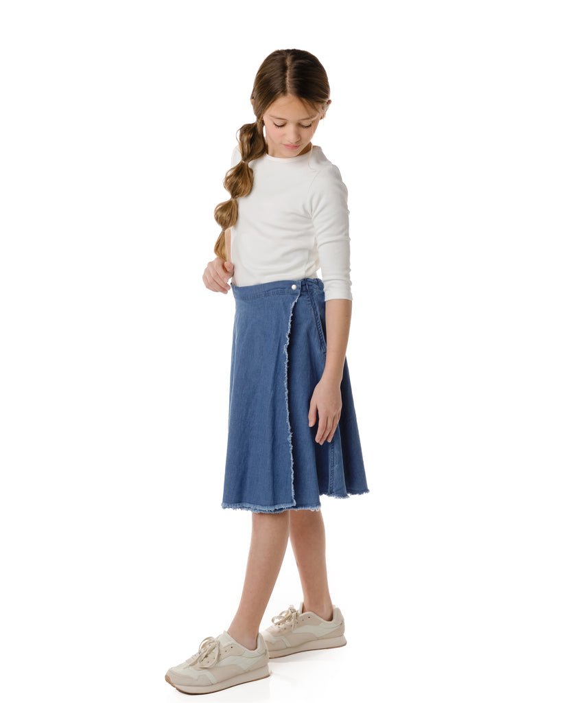 Blue Denim Wrap Skirt with Frayed Details