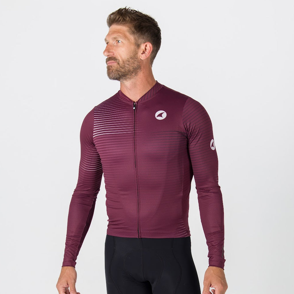 Men's Aero Long Sleeve Cycling Jersey - On Body Front View Convergence #color_mulberry