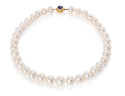 South sea pearl necklace with handmade yellow gold clasp set with sapphire cabochon