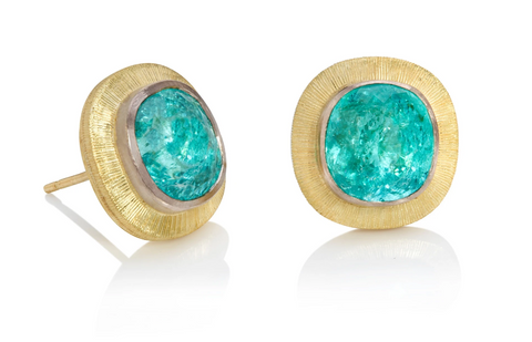 Yellow gold statement stud earrings set with large Cushion shaped Paraiba tourmalines of exceptional colour