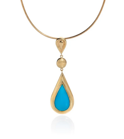 Yellow gold necklace with pear shaped turquoise drop set in wide yellow gold border