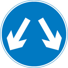 Vehicles may pass either side to reach same destination sign