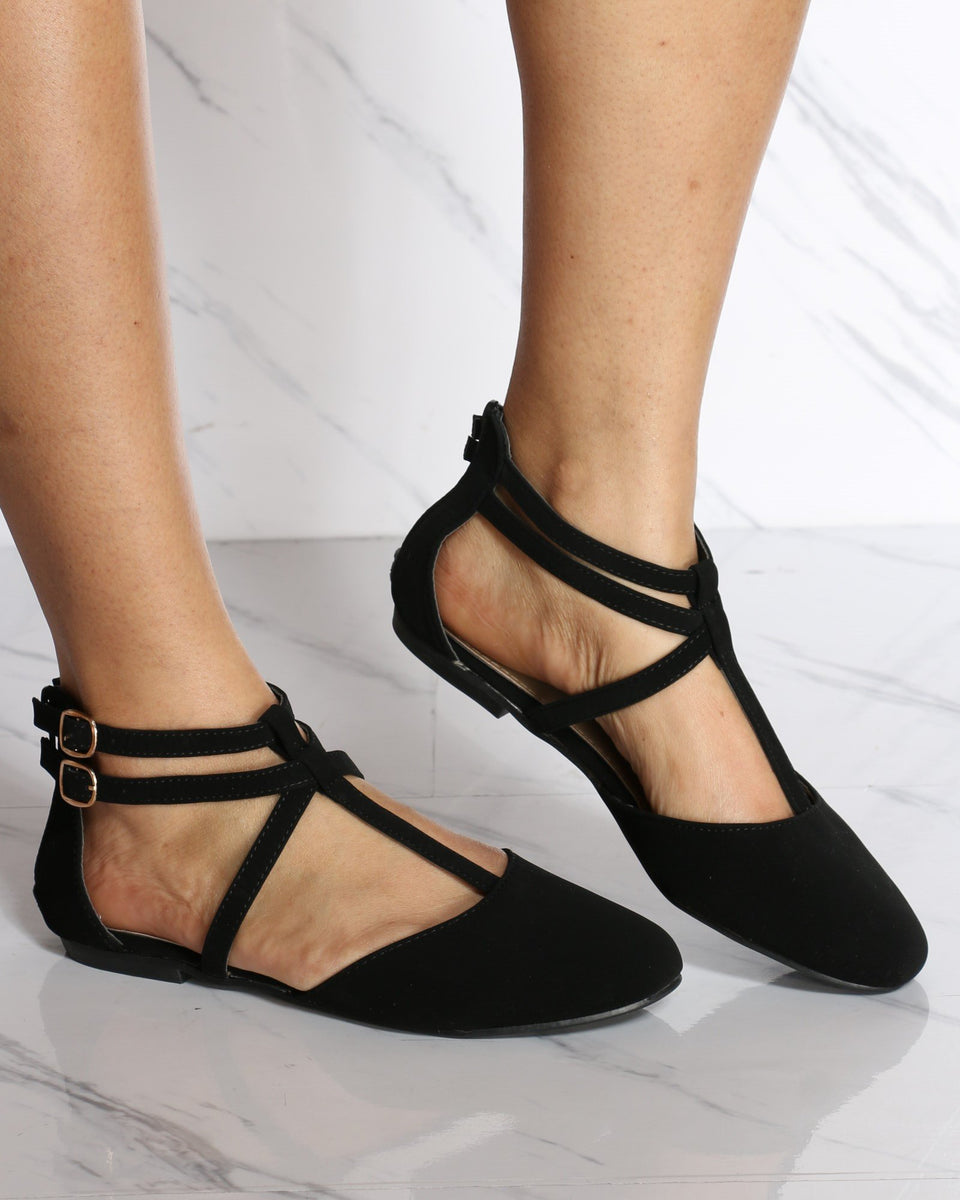 black t strap flat shoes