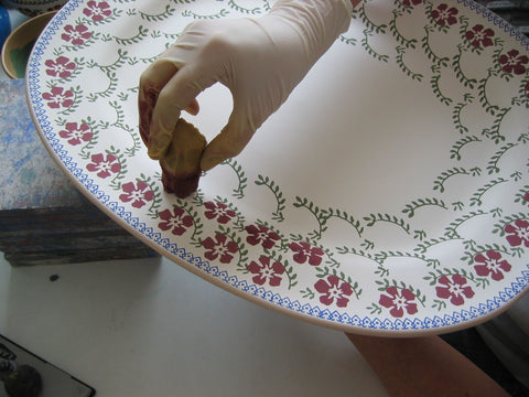 Decorating an Oval Platter Old Rose Nicholas Mosse Pottery handcrafted sponge ware Ireland