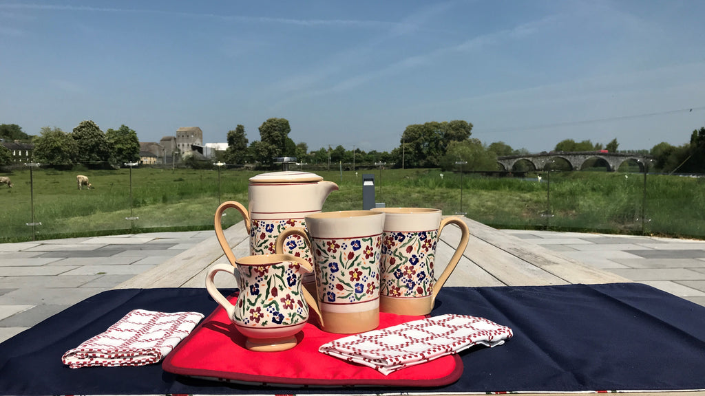 Wildflower Meadow Cafetiere tall mugs and small cyl jug nicholas mosse pottery handcrafted spongware
