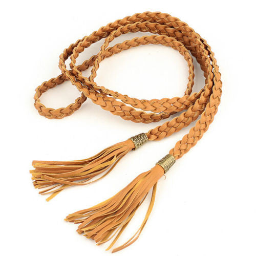 Tassel Belt Vegan Braided Leather Boho Camel Brown 68" Gold Tone Ornat