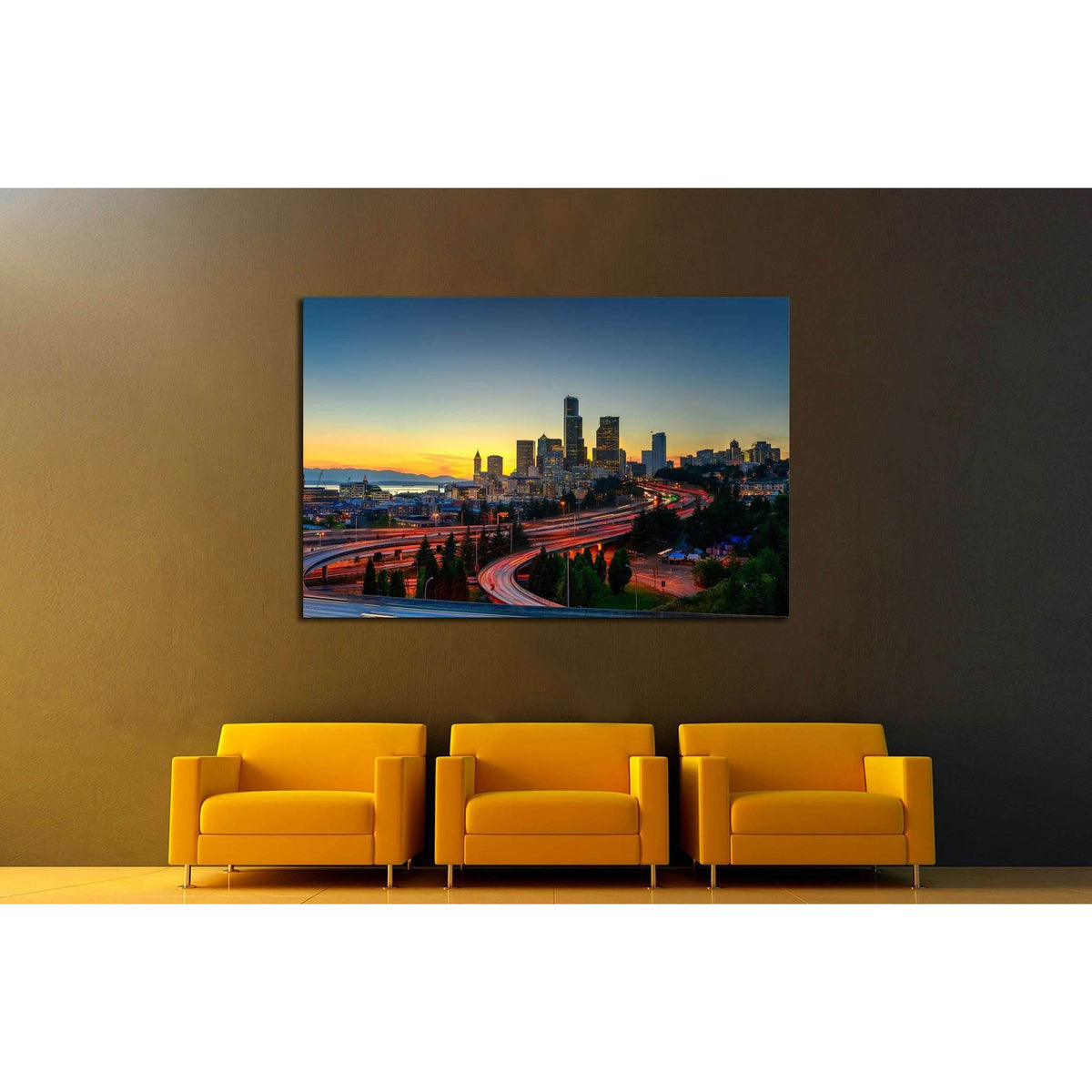 Seattle Skylines And Highway Traffic Motion In The Sunset The View From Rizal Park In Seattle Washington Us 2180 Ready To Hang Canvas Print