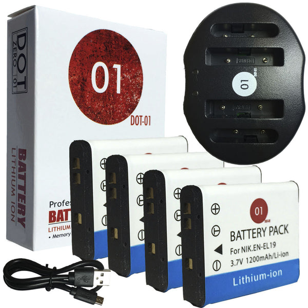 4x DOT-01 Nikon EN-EL19 Batteries + USB Charger for Nikon S3500
