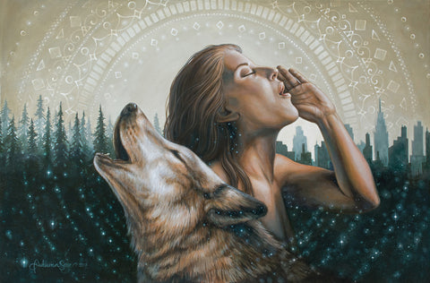 Autumn Skye Art Freedom Cry beautiful art with wolf and woman calling out to the Void Moon