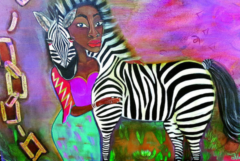 Mandisa Amber art with woman and zebra. 