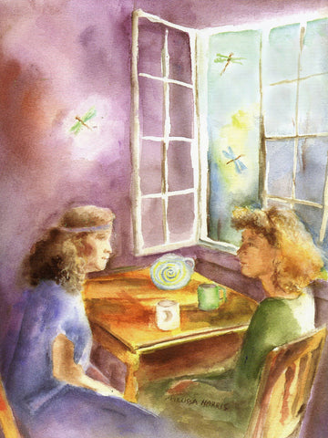 Water Color painting of two women having a conversation over tea called Precious Moments by Melissa Harris