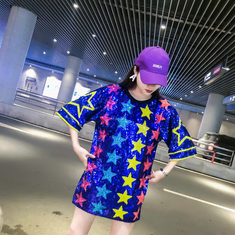 Summer New Women fashion Sequins T-Shirt Women's Clothing Cartoon Print Women Short Sleeve Round Neck Night Club Tops