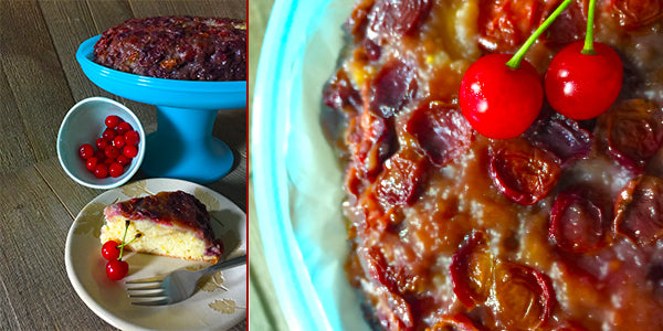 Cherry upside down cake with a bright splash of Fire Cider.