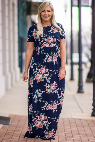 navy blue and pink floral dress