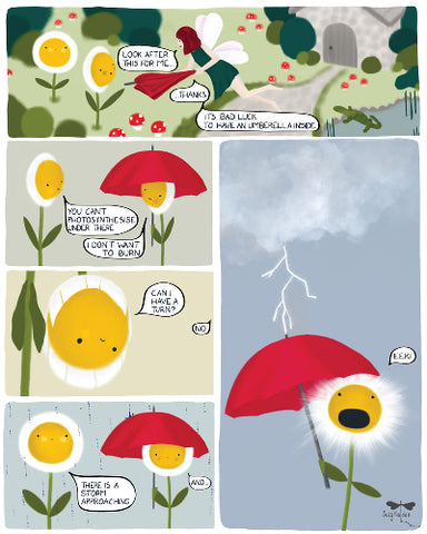 Graphic Novel page about a daisy with an umbrella