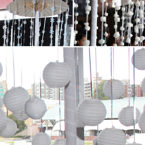 pretend snow made from fabric, cotton balls and paper lanterns