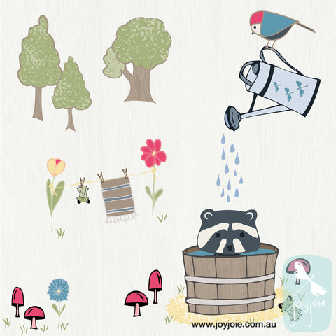 Racoon Antics forest bath placement print