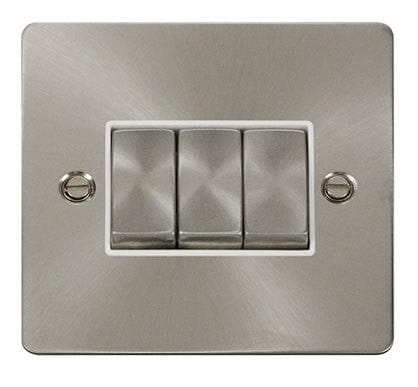 Flat Plate Brushed Steel Ingot 10AX 3 Gang 2 Way Switch - White
