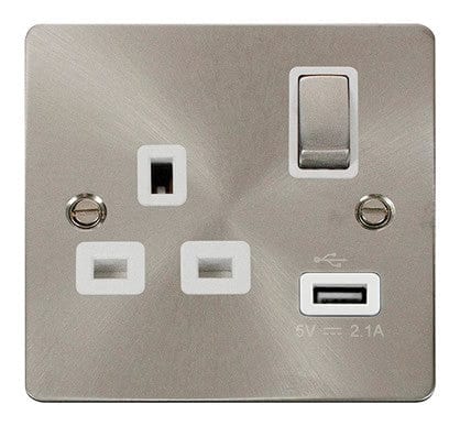 Flat Plate Brushed Steel Ingot 1 USB 1 Gang 13A DP Switched Socket - White