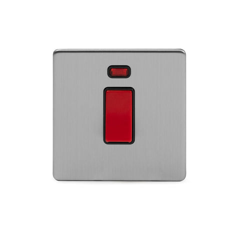 Screwless Brushed Chrome 45A 1 Gang Double Pole Switch With Neon- Single Plate