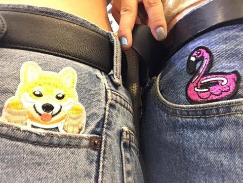 Sheba & Flamingo embroidered patch applied onto jeans (Koostyle.co.uk)