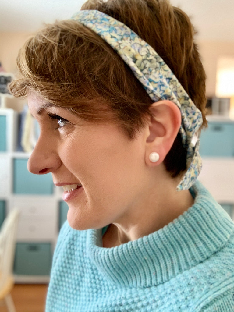 Freshwater Pearl earrings and hydrangea print hair tie