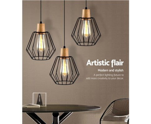 Artiss 3x Pendant Light Wood and Metal Black