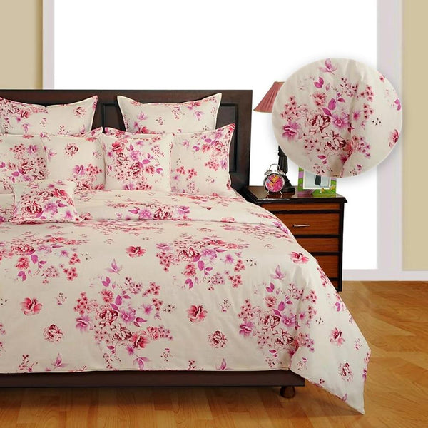 Veda Floral Off-White Magenta Double Bed of 4 WallMantra