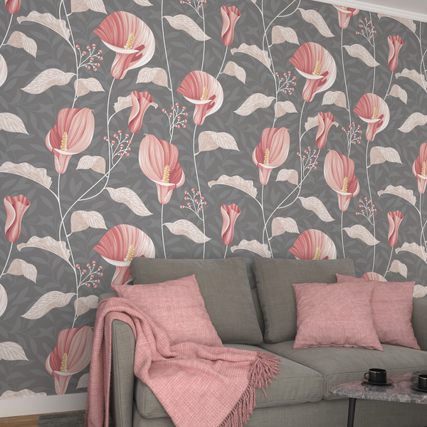 Wild Pink Flowers On Grey Background Premium Quality Wallpaper – WallMantra