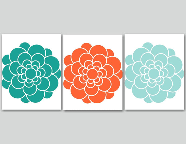 Modern Wall Art Orange Aqua Teal Wall Art Orange Floral Wall Art Turq Sweet Blooms Decor